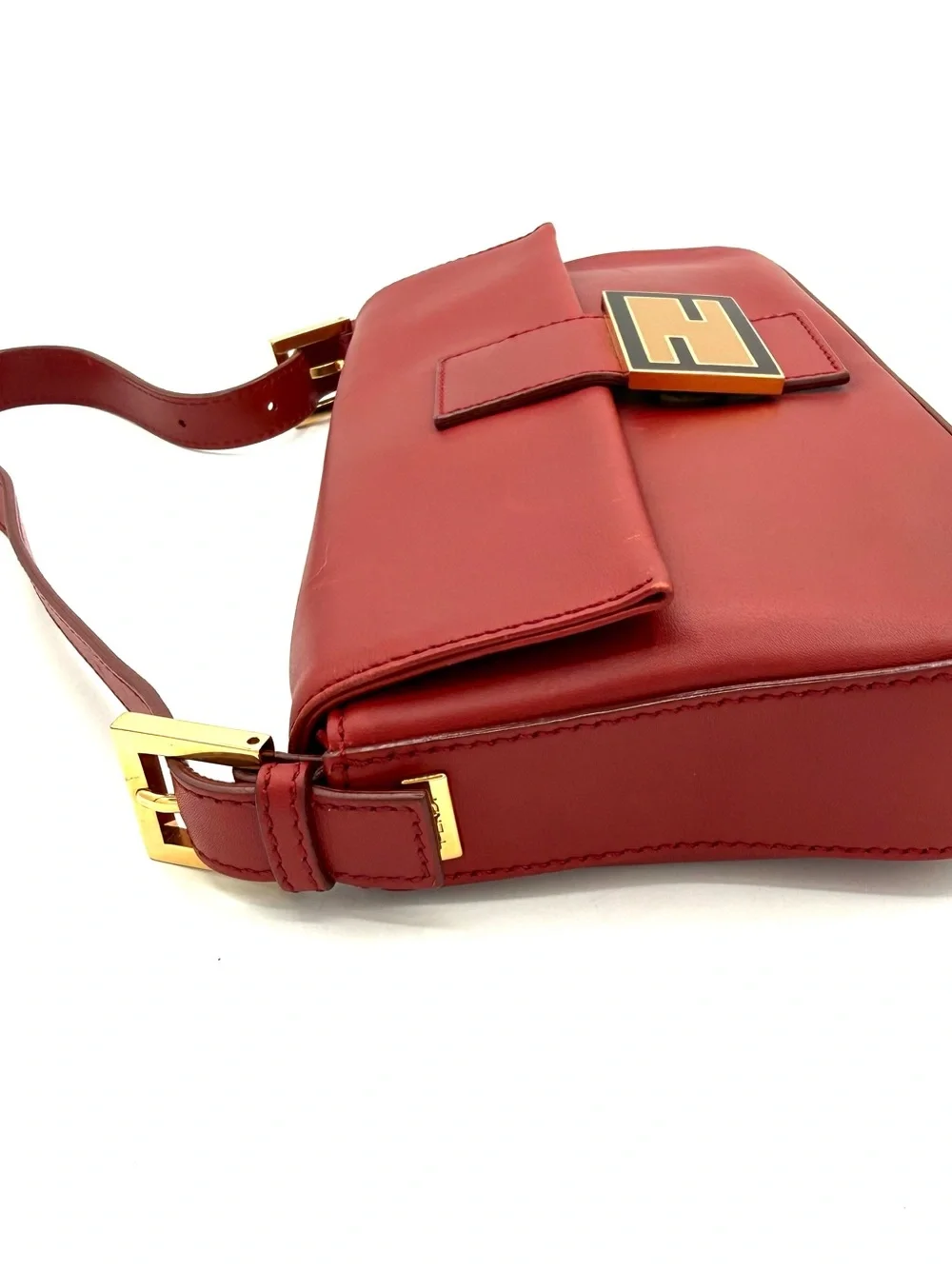 Fendi Red Leather Baguette Shoulder Bag with Gold Hardware